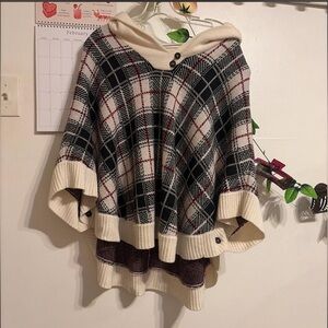 Talbots Black and Cream Plaid Poncho
